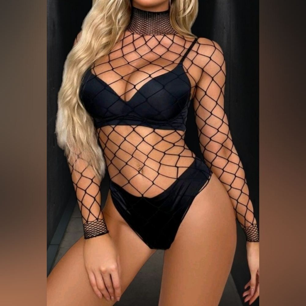 Black Fishnet Turtleneck Long Sleeve Lingerie Bodysuit Size OS